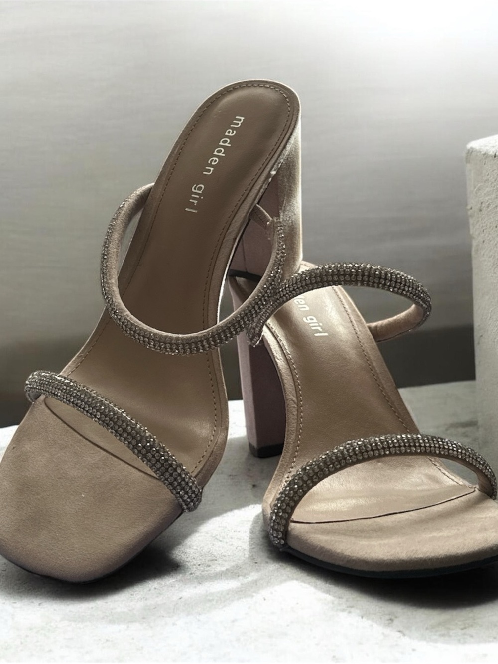 Madden Girl Taupe Crystal-Strap Block Heel Sandals